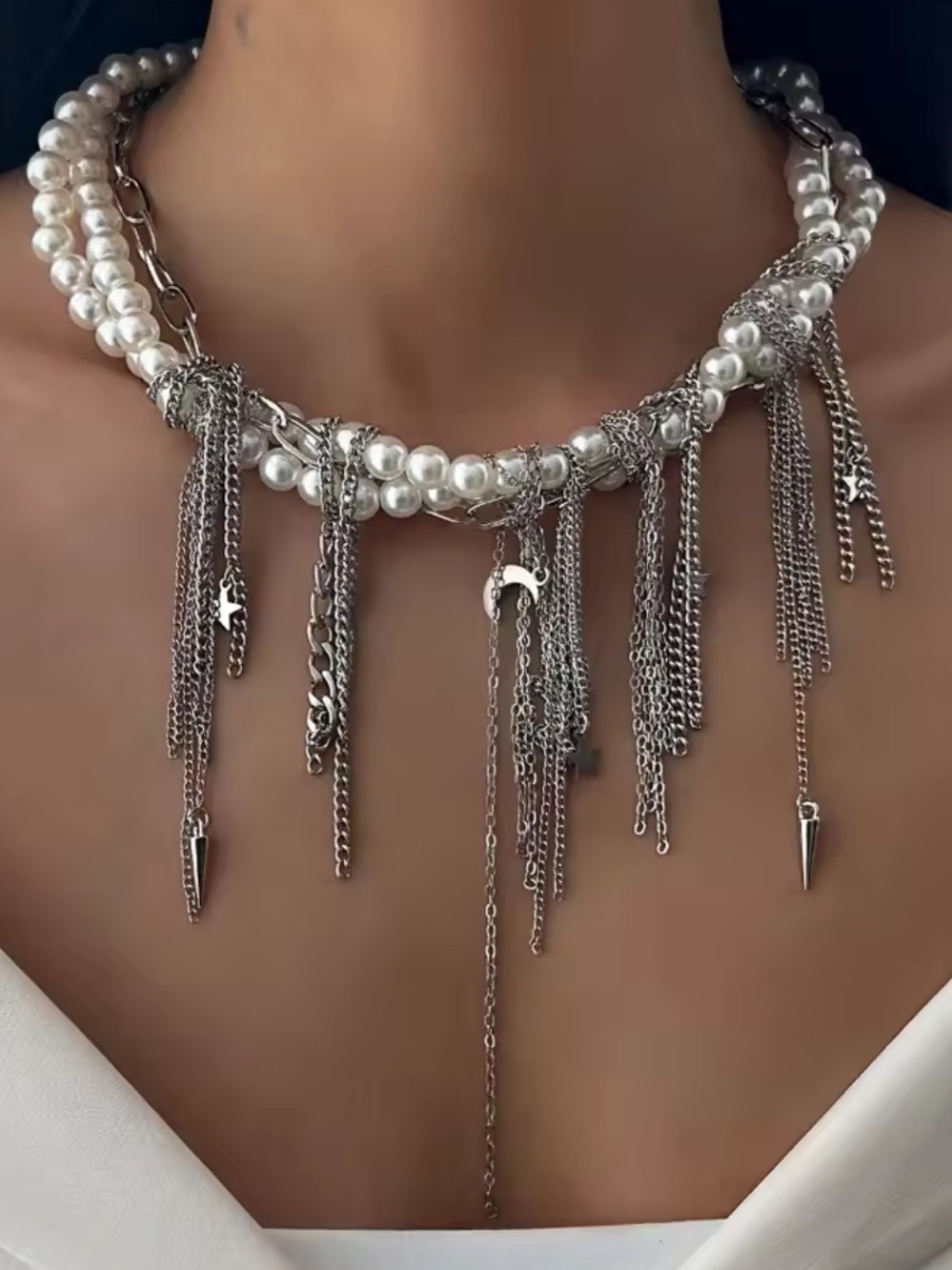 Macy's White Pearl & Silver Fringe Statement Collar Necklace